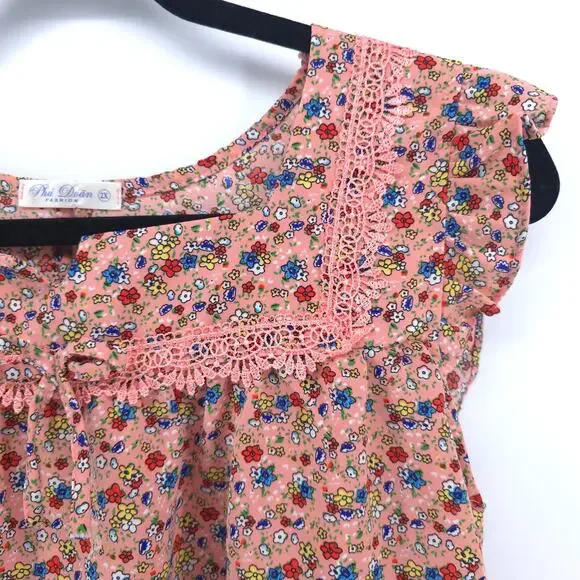 Womens Cottage Micro Floral Babydoll Tee Flutter Sleeve Lace Bow Keyhole Back S - Picture 6 of 11